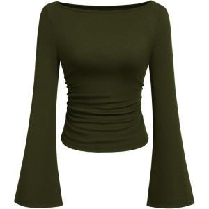 PRETTYGARDEN Womens Long Sleeve Shirts 2026 Spring Crop Going Out Tops Casual Boat Neck Bell Sleeve Ribbed Ruched Y2K Clothes(Army Green)