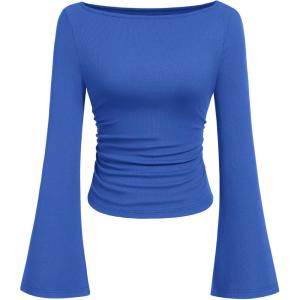 PRETTYGARDEN Womens Long Sleeve Shirts 2026 Spring Crop Going Out Tops Casual Boat Neck Bell Sleeve Ribbed Ruched Y2K Clothes(Blue)