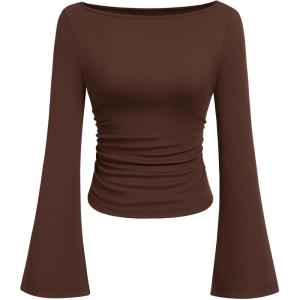 PRETTYGARDEN Womens Long Sleeve Shirts 2026 Spring Crop Going Out Tops Casual Boat Neck Bell Sleeve Ribbed Ruched Y2K Clothes(Brown)