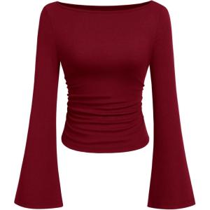 PRETTYGARDEN Womens Long Sleeve Shirts 2026 Spring Crop Going Out Tops Casual Boat Neck Bell Sleeve Ribbed Ruched Y2K Clothes(Burgundy)