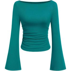 PRETTYGARDEN Womens Long Sleeve Shirts 2026 Spring Crop Going Out Tops Casual Boat Neck Bell Sleeve Ribbed Ruched Y2K Clothes(Dark Cyan)