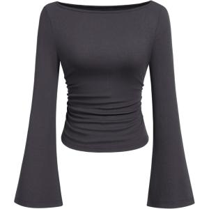 PRETTYGARDEN Womens Long Sleeve Shirts 2026 Spring Crop Going Out Tops Casual Boat Neck Bell Sleeve Ribbed Ruched Y2K Clothes(Dark Grey)