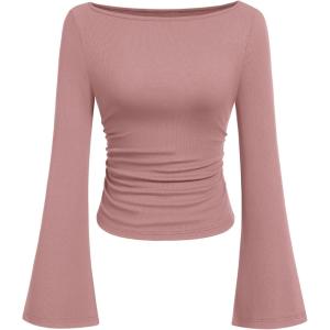 PRETTYGARDEN Womens Long Sleeve Shirts 2026 Spring Crop Going Out Tops Casual Boat Neck Bell Sleeve Ribbed Ruched Y2K Clothes(Dusty Pink)