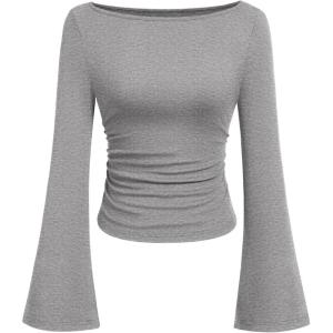 PRETTYGARDEN Womens Long Sleeve Shirts 2026 Spring Crop Going Out Tops Casual Boat Neck Bell Sleeve Ribbed Ruched Y2K Clothes(Grey)