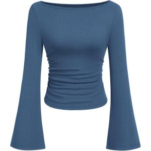 PRETTYGARDEN Womens Long Sleeve Shirts 2026 Spring Crop Going Out Tops Casual Boat Neck Bell Sleeve Ribbed Ruched Y2K Clothes(Grey Blue)