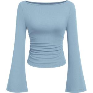 PRETTYGARDEN Womens Long Sleeve Shirts 2026 Spring Crop Going Out Tops Casual Boat Neck Bell Sleeve Ribbed Ruched Y2K Clothes(Light Blue)