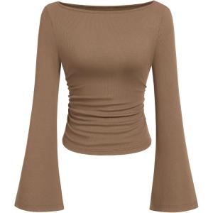PRETTYGARDEN Womens Long Sleeve Shirts 2026 Spring Crop Going Out Tops Casual Boat Neck Bell Sleeve Ribbed Ruched Y2K Clothes(Light Brown)