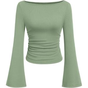 PRETTYGARDEN Womens Long Sleeve Shirts 2026 Spring Crop Going Out Tops Casual Boat Neck Bell Sleeve Ribbed Ruched Y2K Clothes(Light Green)