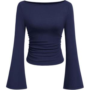 PRETTYGARDEN Womens Long Sleeve Shirts 2026 Spring Crop Going Out Tops Casual Boat Neck Bell Sleeve Ribbed Ruched Y2K Clothes(Navy Blue)