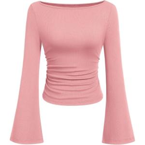 PRETTYGARDEN Womens Long Sleeve Shirts 2026 Spring Crop Going Out Tops Casual Boat Neck Bell Sleeve Ribbed Ruched Y2K Clothes(Pink)