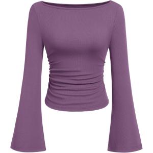 PRETTYGARDEN Womens Long Sleeve Shirts 2026 Spring Crop Going Out Tops Casual Boat Neck Bell Sleeve Ribbed Ruched Y2K Clothes(Purple)