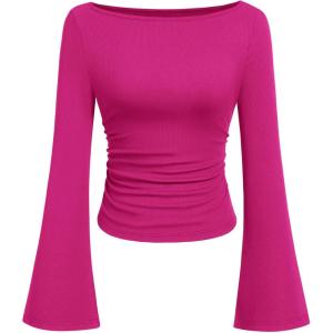 PRETTYGARDEN Womens Long Sleeve Shirts 2026 Spring Crop Going Out Tops Casual Boat Neck Bell Sleeve Ribbed Ruched Y2K Clothes(Rose Red)