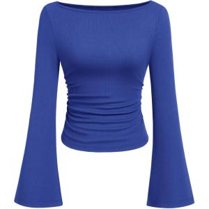 PRETTYGARDEN Womens Long Sleeve Shirts 2026 Spring Crop Going Out Tops Casual Boat Neck Bell Sleeve Ribbed Ruched Y2K Clothes(Royal Blue)