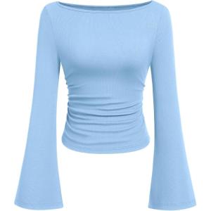 PRETTYGARDEN Womens Long Sleeve Shirts 2026 Spring Crop Going Out Tops Casual Boat Neck Bell Sleeve Ribbed Ruched Y2K Clothes(Sky Blue)