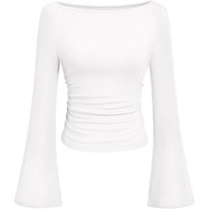 PRETTYGARDEN Womens Long Sleeve Shirts 2026 Spring Crop Going Out Tops Casual Boat Neck Bell Sleeve Ribbed Ruched Y2K Clothes(White)