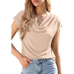 PRETTYGARDEN Womens Tops Dressy Casual Clothing 2026 Summer Cowl Neck Short Sleeve Blouses Spring Business Work Office Shirts(Apricot)