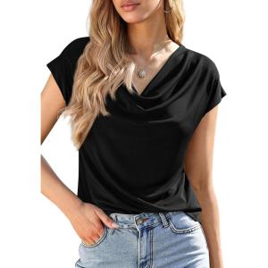 PRETTYGARDEN Womens Tops Dressy Casual Clothing 2026 Summer Cowl Neck Short Sleeve Blouses Spring Business Work Office Shirts(Black)