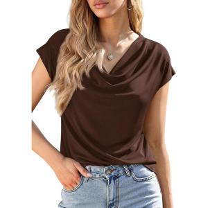 PRETTYGARDEN Womens Tops Dressy Casual Clothing 2026 Summer Cowl Neck Short Sleeve Blouses Spring Business Work Office Shirts(Brown)