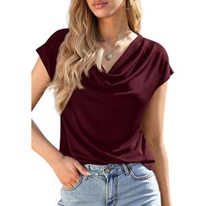 PRETTYGARDEN Womens Tops Dressy Casual Clothing 2026 Summer Cowl Neck Short Sleeve Blouses Spring Business Work Office Shirts(Burgundy)