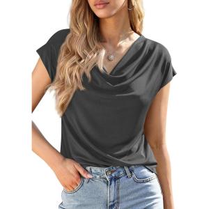 PRETTYGARDEN Womens Tops Dressy Casual Clothing 2026 Summer Cowl Neck Short Sleeve Blouses Spring Business Work Office Shirts(Dark Grey)