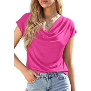 PRETTYGARDEN Womens Tops Dressy Casual Clothing 2026 Summer Cowl Neck Short Sleeve Blouses Spring Business Work Office Shirts(Hot Pink)