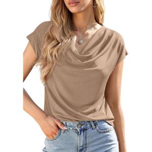 PRETTYGARDEN Womens Tops Dressy Casual Clothing 2026 Summer Cowl Neck Short Sleeve Blouses Spring Business Work Office Shirts(Khaki)