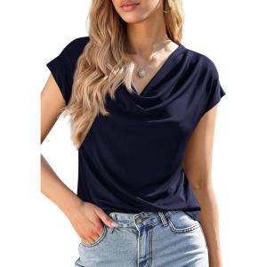 PRETTYGARDEN Womens Tops Dressy Casual Clothing 2026 Summer Cowl Neck Short Sleeve Blouses Spring Business Work Office Shirts(Navy Blue)