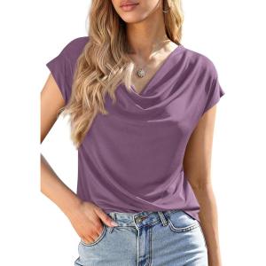 PRETTYGARDEN Womens Tops Dressy Casual Clothing 2026 Summer Cowl Neck Short Sleeve Blouses Spring Business Work Office Shirts(Purple)
