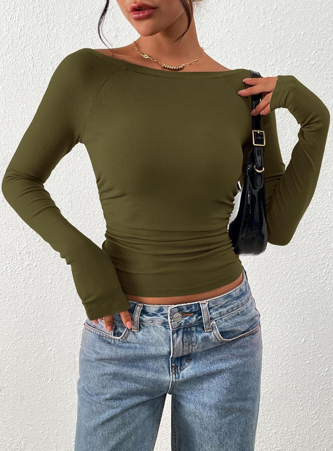 imagePRETTYGARDEN Long Sleeve Shirts for Women 2026 Fall Ruched Sides Boat Neck Basic Tee Casual Fitted Ribbed Knit Crop TopsArmy Green