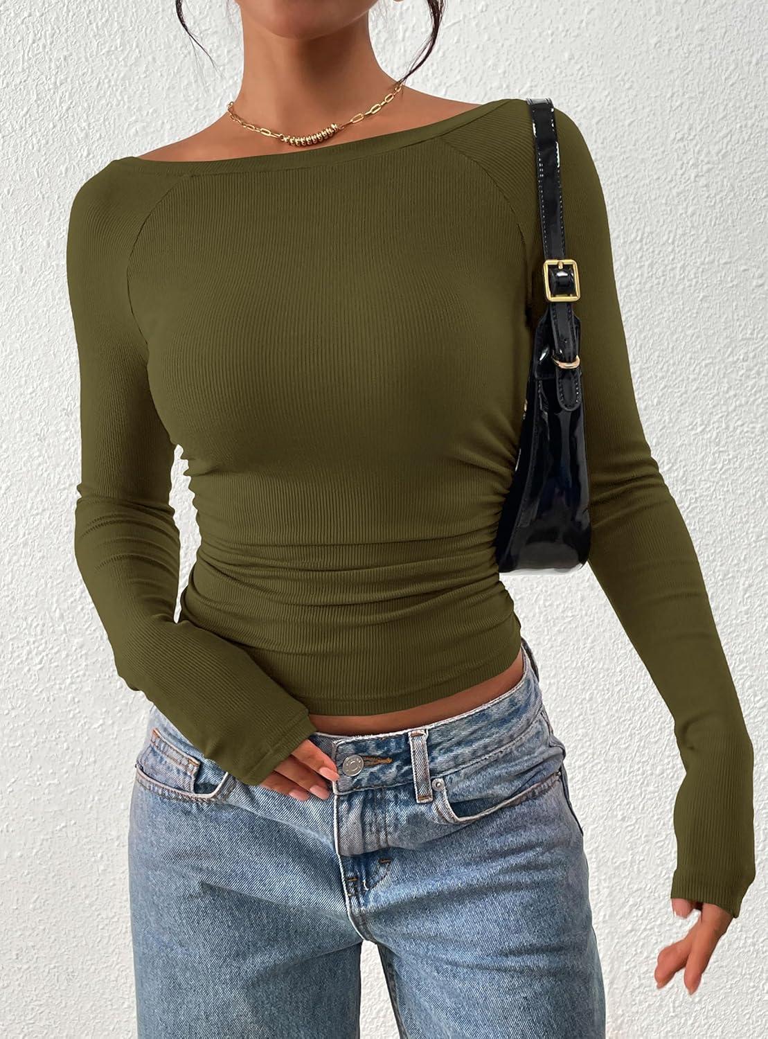 imagePRETTYGARDEN Long Sleeve Shirts for Women 2026 Fall Ruched Sides Boat Neck Basic Tee Casual Fitted Ribbed Knit Crop TopsArmy Green