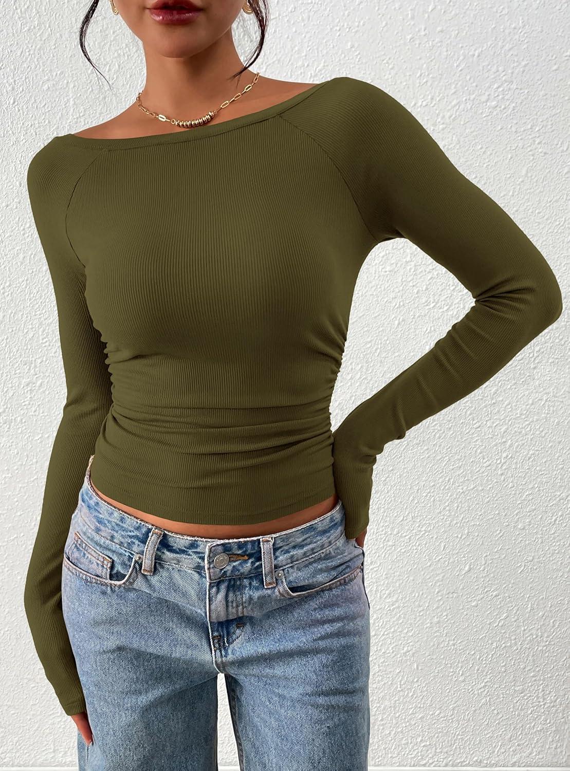 imagePRETTYGARDEN Long Sleeve Shirts for Women 2026 Fall Ruched Sides Boat Neck Basic Tee Casual Fitted Ribbed Knit Crop TopsArmy Green