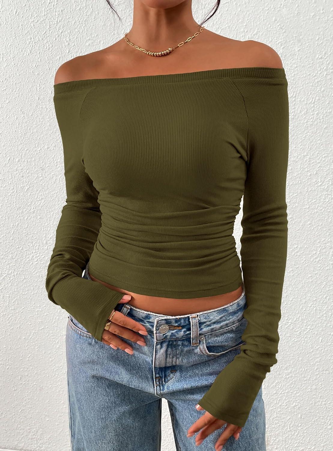 imagePRETTYGARDEN Long Sleeve Shirts for Women 2026 Fall Ruched Sides Boat Neck Basic Tee Casual Fitted Ribbed Knit Crop TopsArmy Green