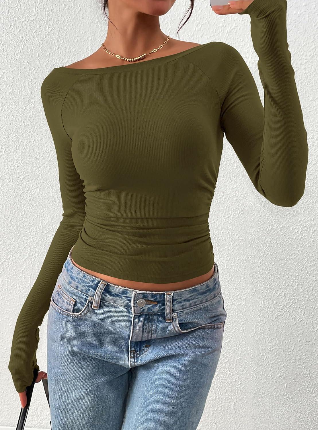 imagePRETTYGARDEN Long Sleeve Shirts for Women 2026 Fall Ruched Sides Boat Neck Basic Tee Casual Fitted Ribbed Knit Crop TopsArmy Green