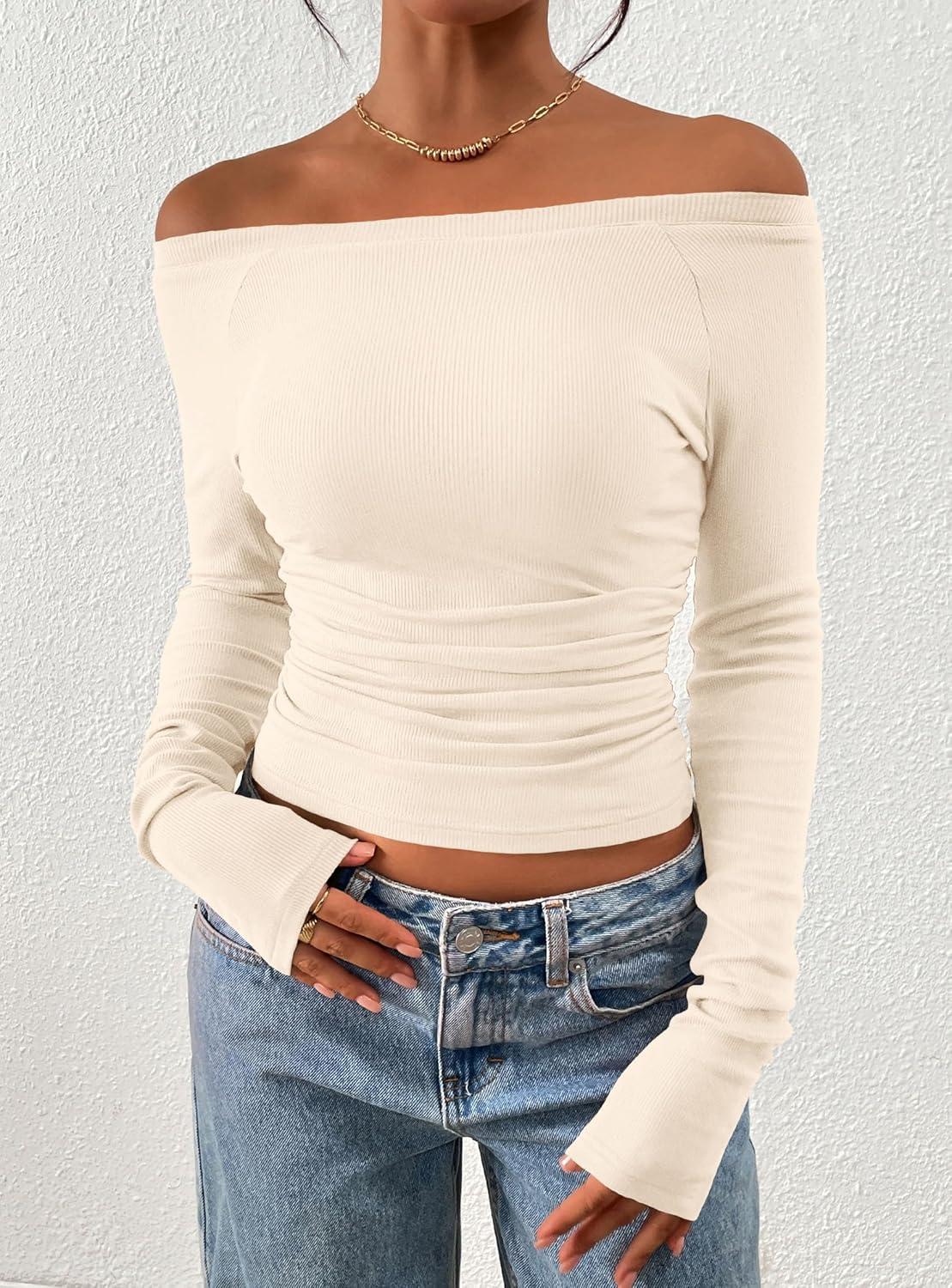 imagePRETTYGARDEN Long Sleeve Shirts for Women 2026 Fall Ruched Sides Boat Neck Basic Tee Casual Fitted Ribbed Knit Crop TopsBeige
