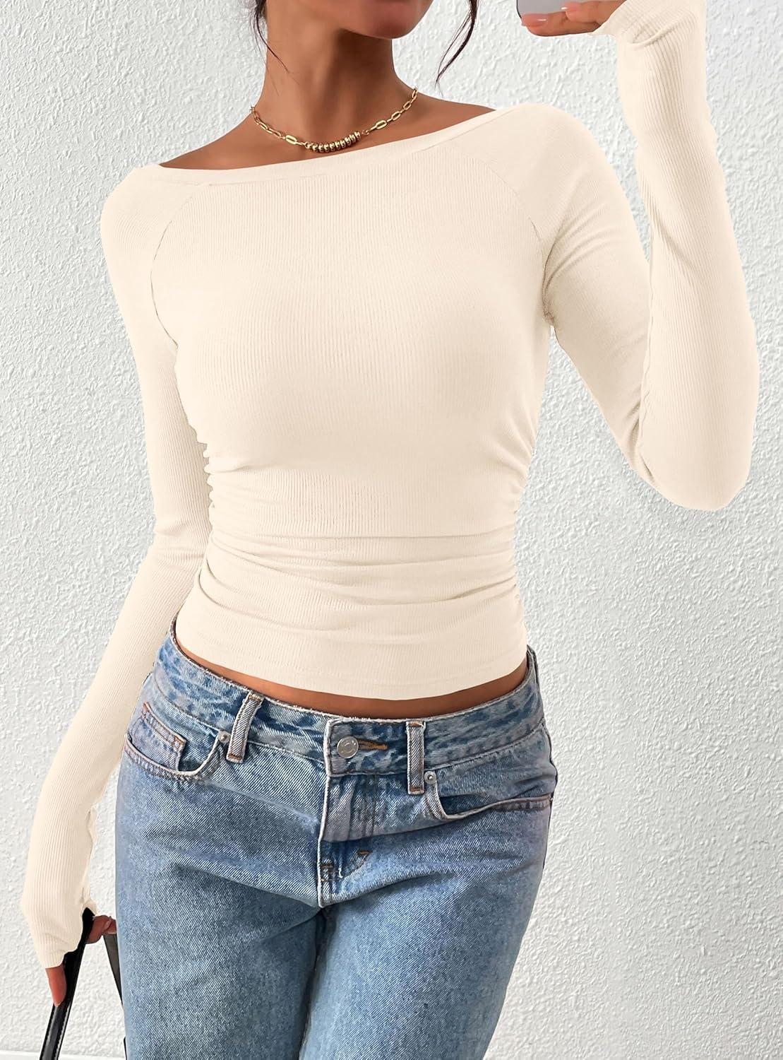 imagePRETTYGARDEN Long Sleeve Shirts for Women 2026 Fall Ruched Sides Boat Neck Basic Tee Casual Fitted Ribbed Knit Crop TopsBeige