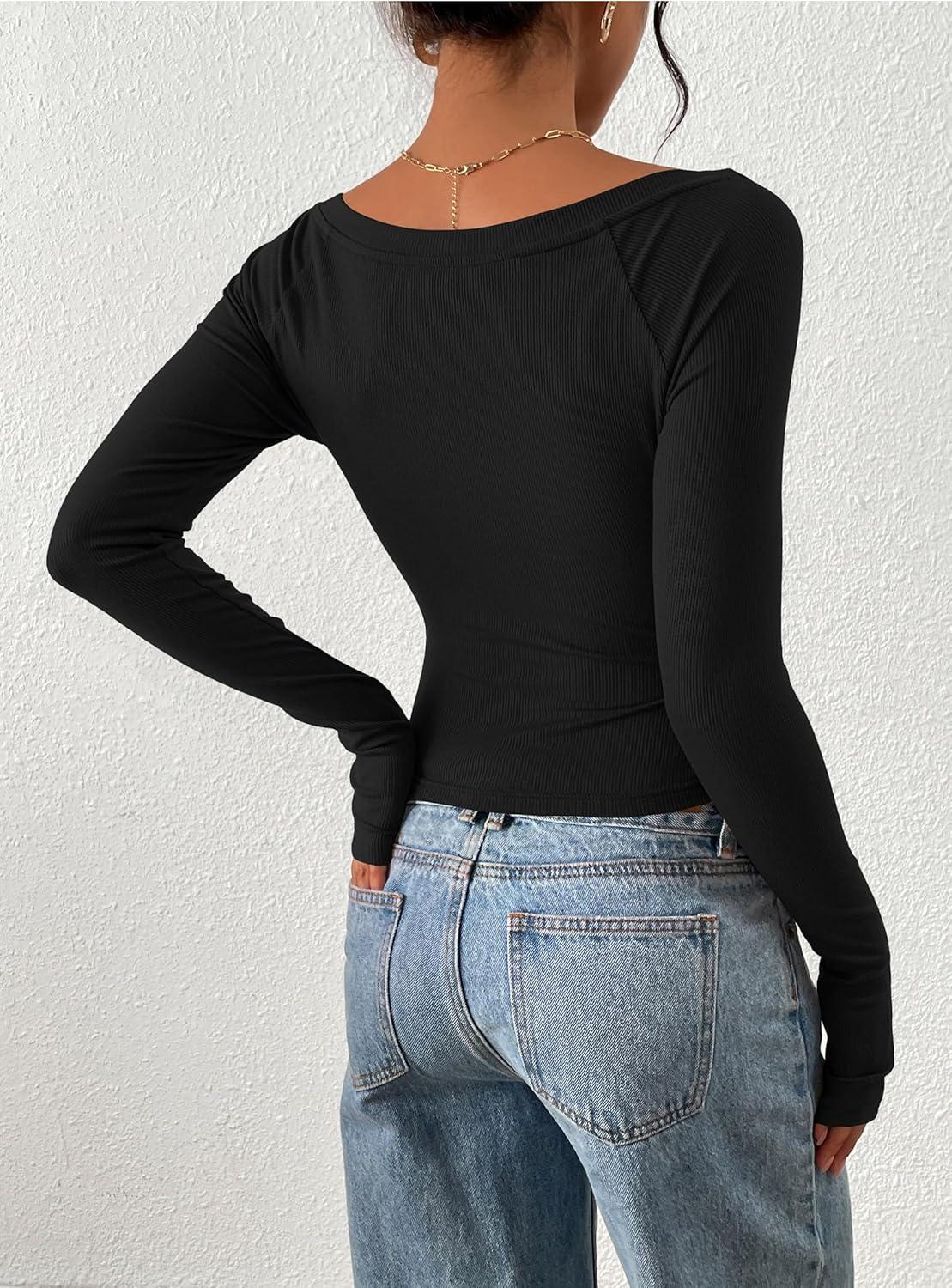 imagePRETTYGARDEN Long Sleeve Shirts for Women 2026 Fall Ruched Sides Boat Neck Basic Tee Casual Fitted Ribbed Knit Crop TopsBlack