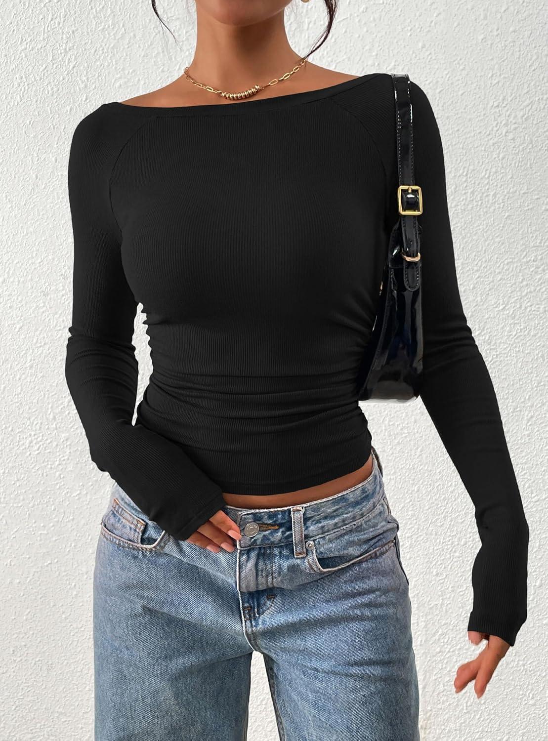 imagePRETTYGARDEN Long Sleeve Shirts for Women 2026 Fall Ruched Sides Boat Neck Basic Tee Casual Fitted Ribbed Knit Crop TopsBlack