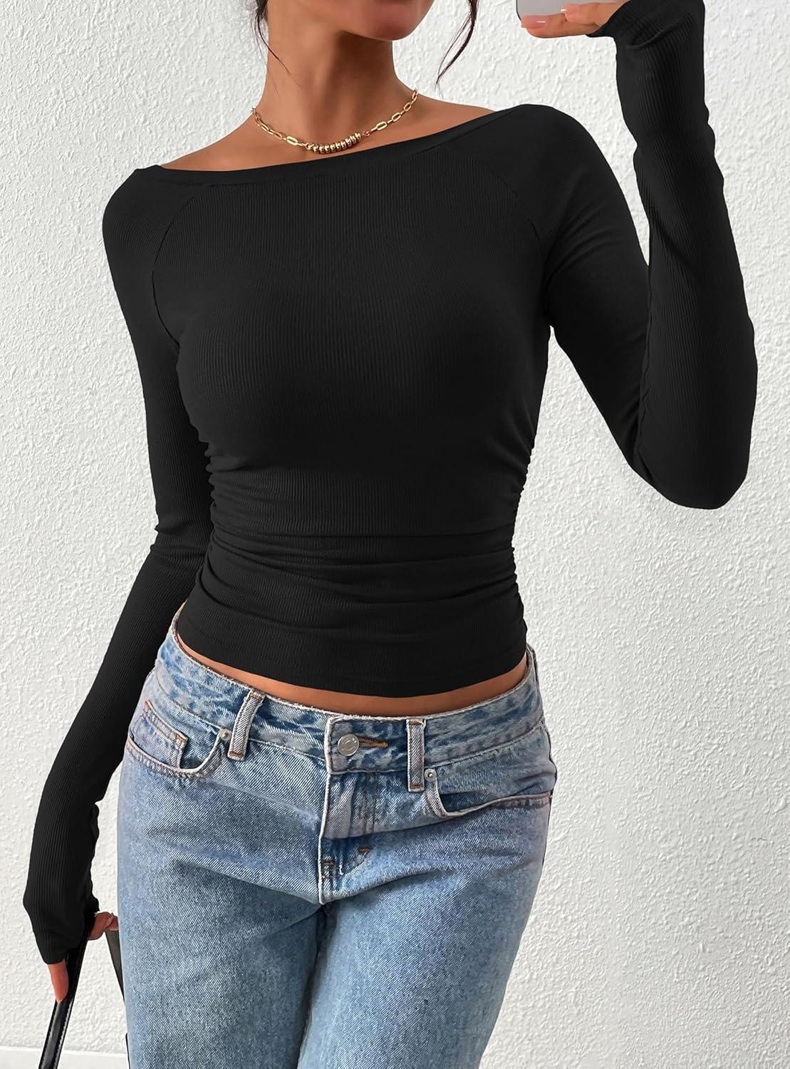 imagePRETTYGARDEN Long Sleeve Shirts for Women 2026 Fall Ruched Sides Boat Neck Basic Tee Casual Fitted Ribbed Knit Crop TopsBlack