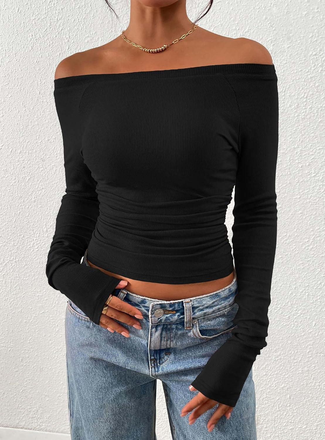 imagePRETTYGARDEN Long Sleeve Shirts for Women 2026 Fall Ruched Sides Boat Neck Basic Tee Casual Fitted Ribbed Knit Crop TopsBlack