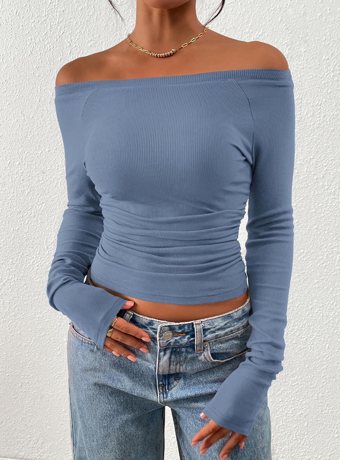 imagePRETTYGARDEN Long Sleeve Shirts for Women 2026 Fall Ruched Sides Boat Neck Basic Tee Casual Fitted Ribbed Knit Crop TopsBlue Grey