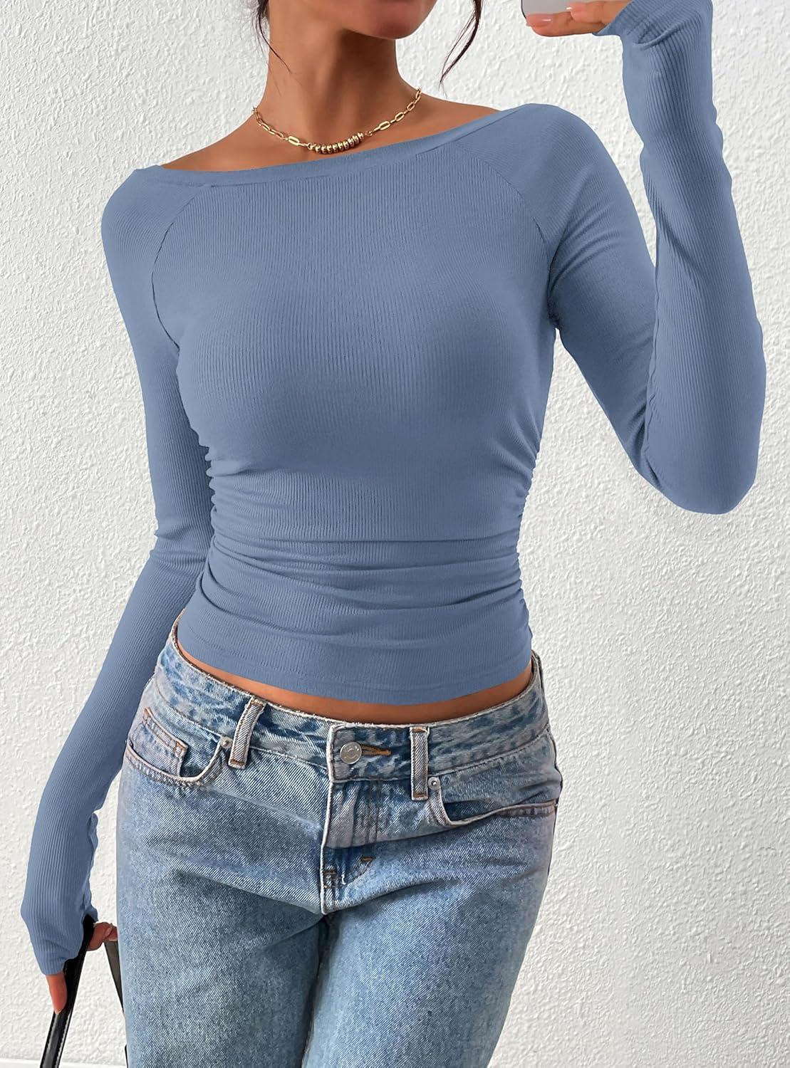 imagePRETTYGARDEN Long Sleeve Shirts for Women 2026 Fall Ruched Sides Boat Neck Basic Tee Casual Fitted Ribbed Knit Crop TopsBlue Grey