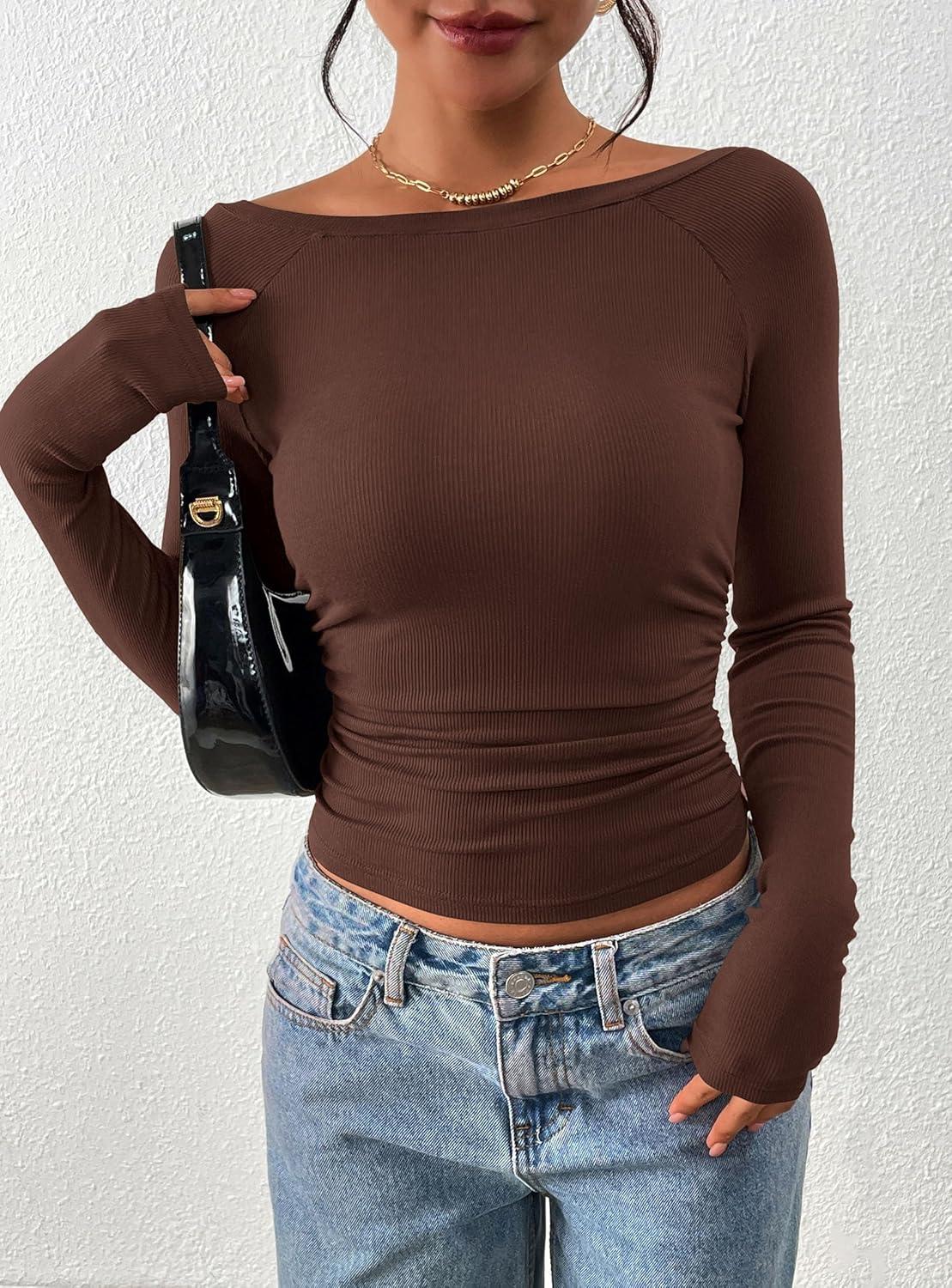 imagePRETTYGARDEN Long Sleeve Shirts for Women 2026 Fall Ruched Sides Boat Neck Basic Tee Casual Fitted Ribbed Knit Crop TopsBrown