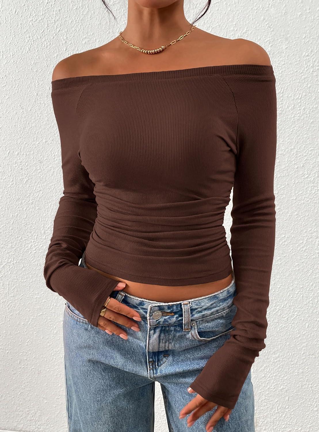 imagePRETTYGARDEN Long Sleeve Shirts for Women 2026 Fall Ruched Sides Boat Neck Basic Tee Casual Fitted Ribbed Knit Crop TopsBrown