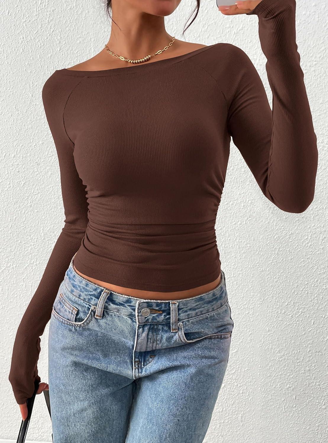 imagePRETTYGARDEN Long Sleeve Shirts for Women 2026 Fall Ruched Sides Boat Neck Basic Tee Casual Fitted Ribbed Knit Crop TopsBrown