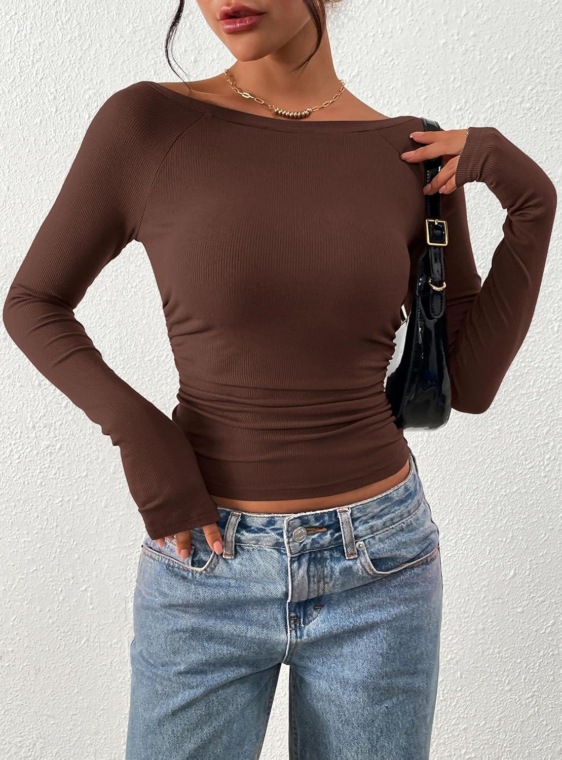 imagePRETTYGARDEN Long Sleeve Shirts for Women 2026 Fall Ruched Sides Boat Neck Basic Tee Casual Fitted Ribbed Knit Crop TopsBrown