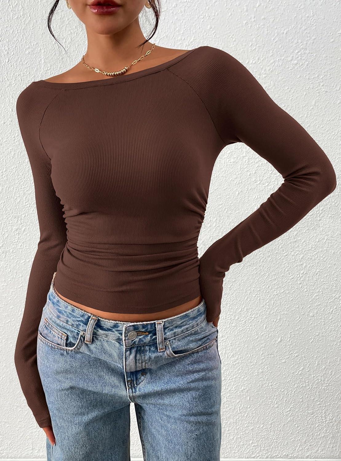 imagePRETTYGARDEN Long Sleeve Shirts for Women 2026 Fall Ruched Sides Boat Neck Basic Tee Casual Fitted Ribbed Knit Crop TopsBrown