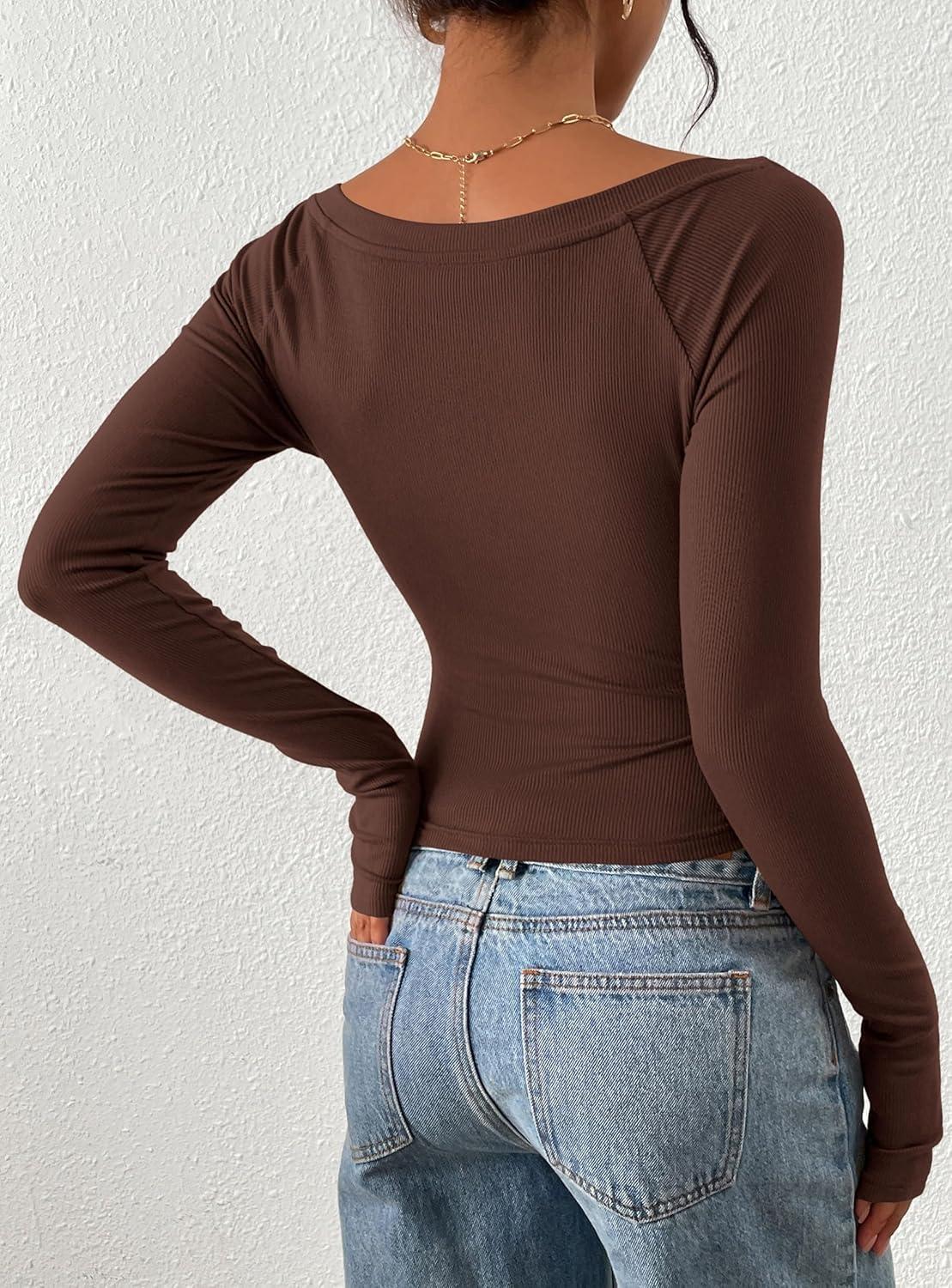 imagePRETTYGARDEN Long Sleeve Shirts for Women 2026 Fall Ruched Sides Boat Neck Basic Tee Casual Fitted Ribbed Knit Crop TopsBrown