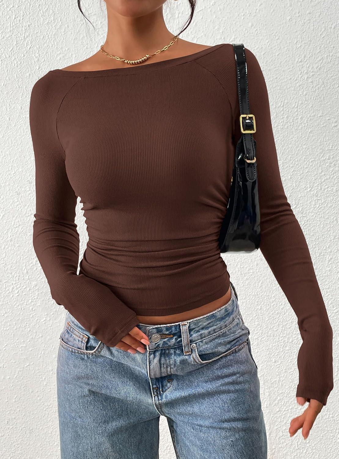 imagePRETTYGARDEN Long Sleeve Shirts for Women 2026 Fall Ruched Sides Boat Neck Basic Tee Casual Fitted Ribbed Knit Crop TopsBrown