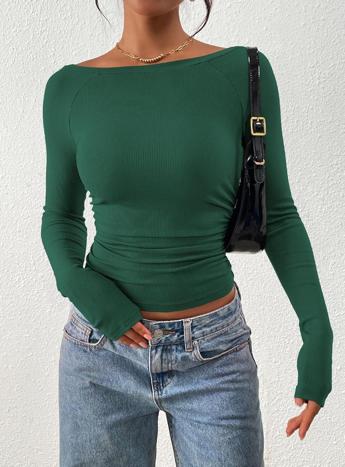 imagePRETTYGARDEN Long Sleeve Shirts for Women 2026 Fall Ruched Sides Boat Neck Basic Tee Casual Fitted Ribbed Knit Crop TopsDark Green