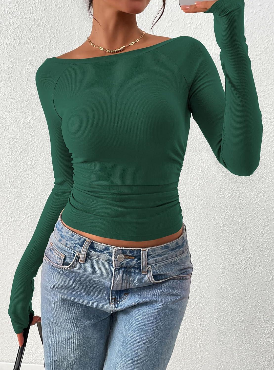 imagePRETTYGARDEN Long Sleeve Shirts for Women 2026 Fall Ruched Sides Boat Neck Basic Tee Casual Fitted Ribbed Knit Crop TopsDark Green